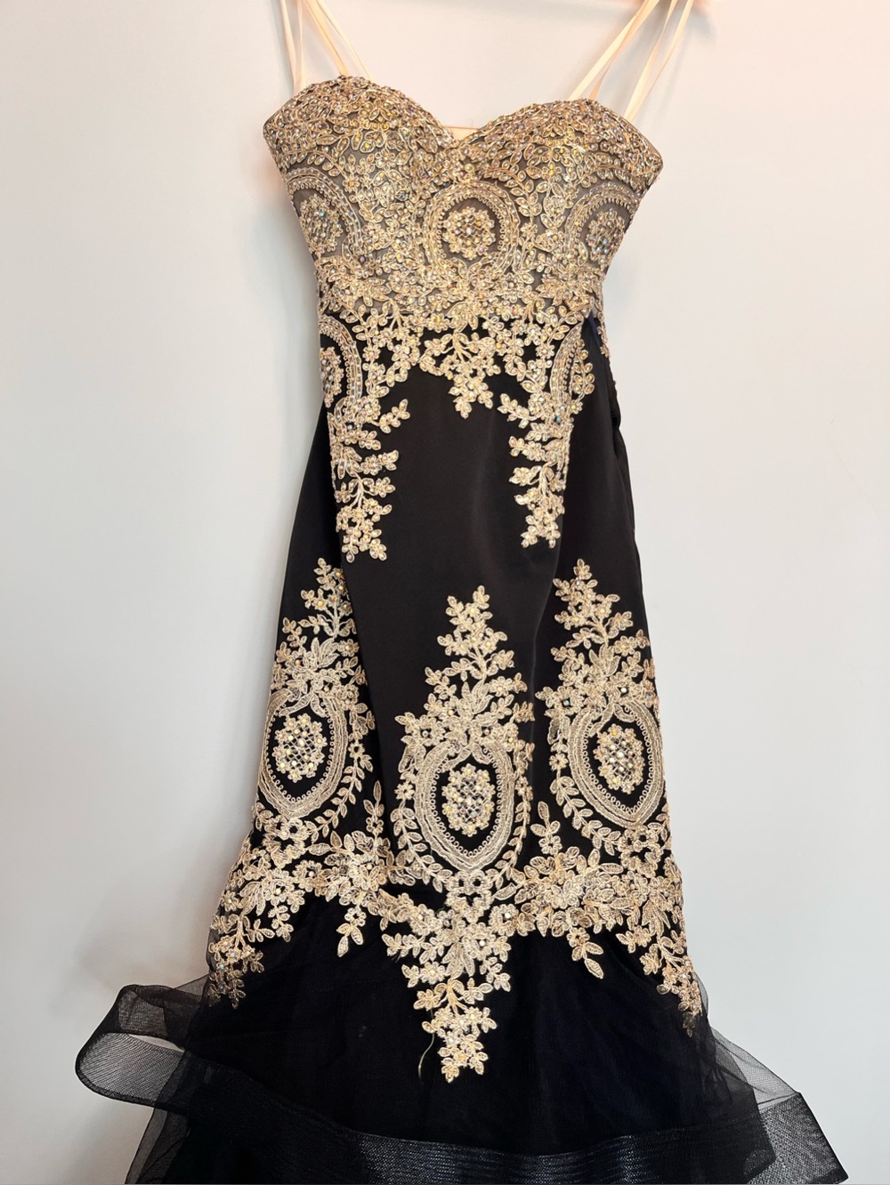 Black and Gold Strapless Beaded Mermaid Grad Dress - Size 2 - Picture 8 of 17